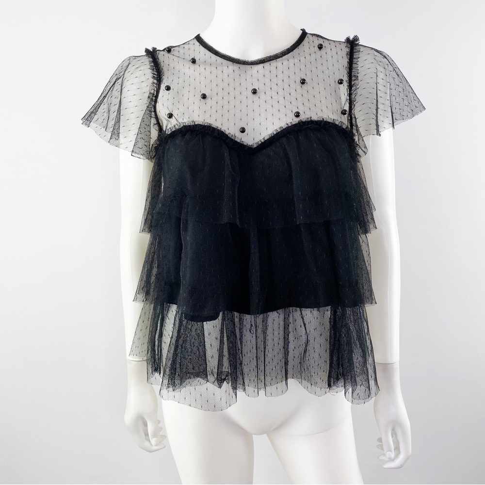 Zara Women's Black Sheer Mesh Lace Layered Short Sleeve Ruffle Top Size XS - Picture 1 of 9